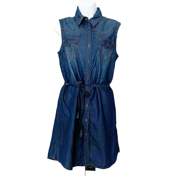 True Religion Chambray Shirt Utility Dress Sleeveless Tie Waist Dark Wash Sz Sm - Picture 1 of 11